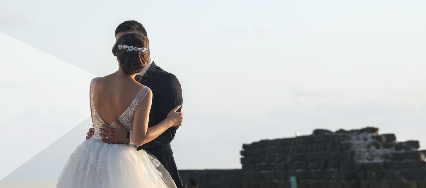 wedding couple embracing