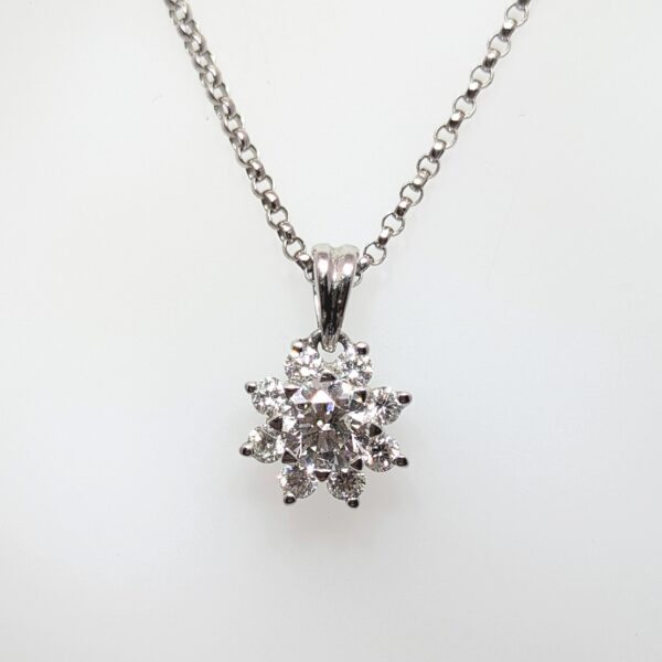 Discover our 0.49ct Diamond Cluster Necklace on an 16" Belcher Chain which is adjustable to an 18" in 18ct White Gold. 