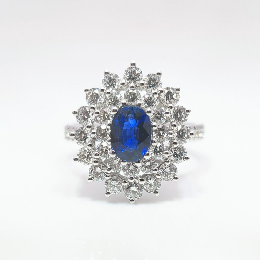 sapphire & diamond double halo cluster ring in 18ct white gold