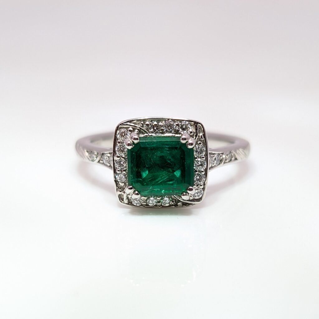princess-cut emerald & diamond halo ring in platinum