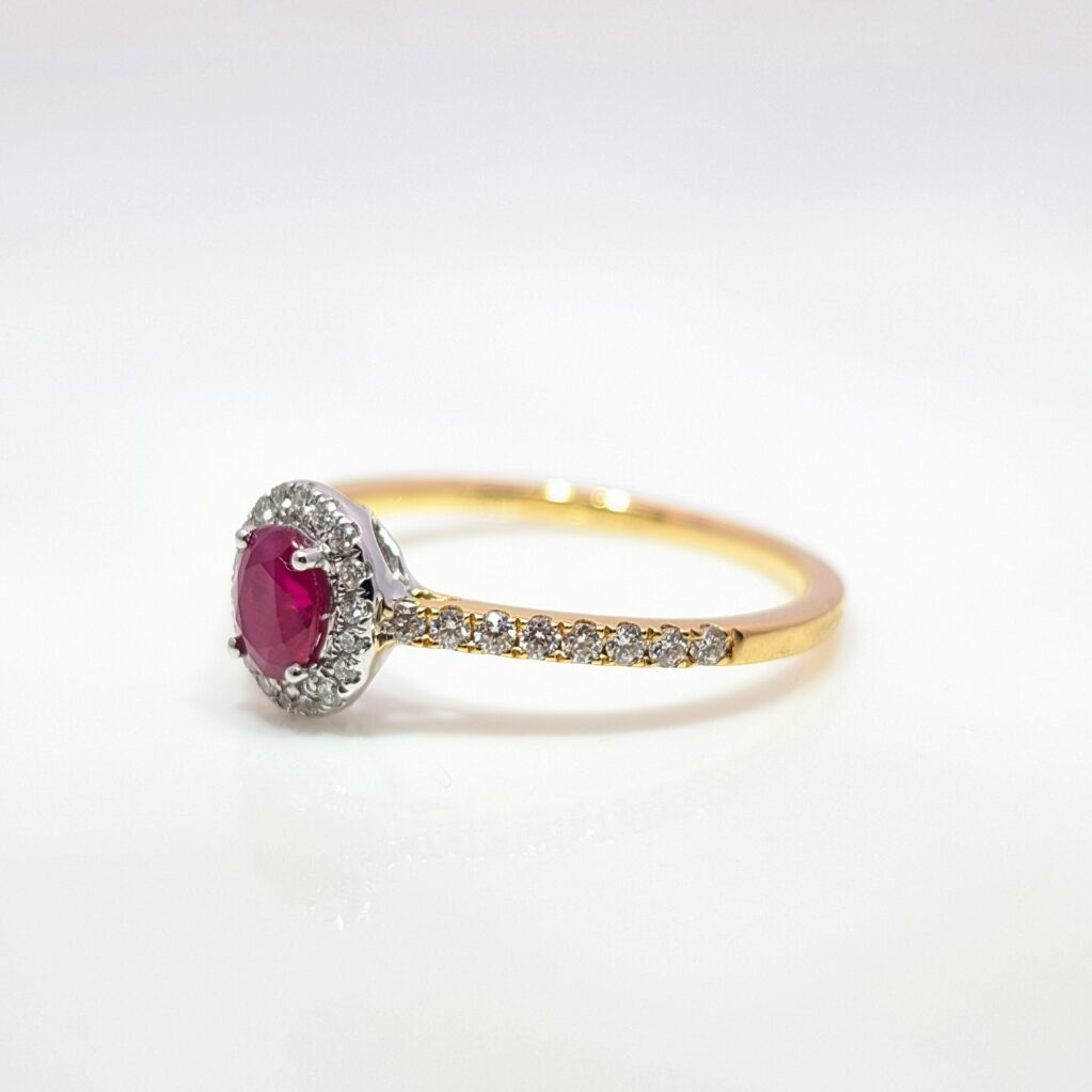 Ruby & Diamond Oval Halo Ring in 18ct Yellow Gold
