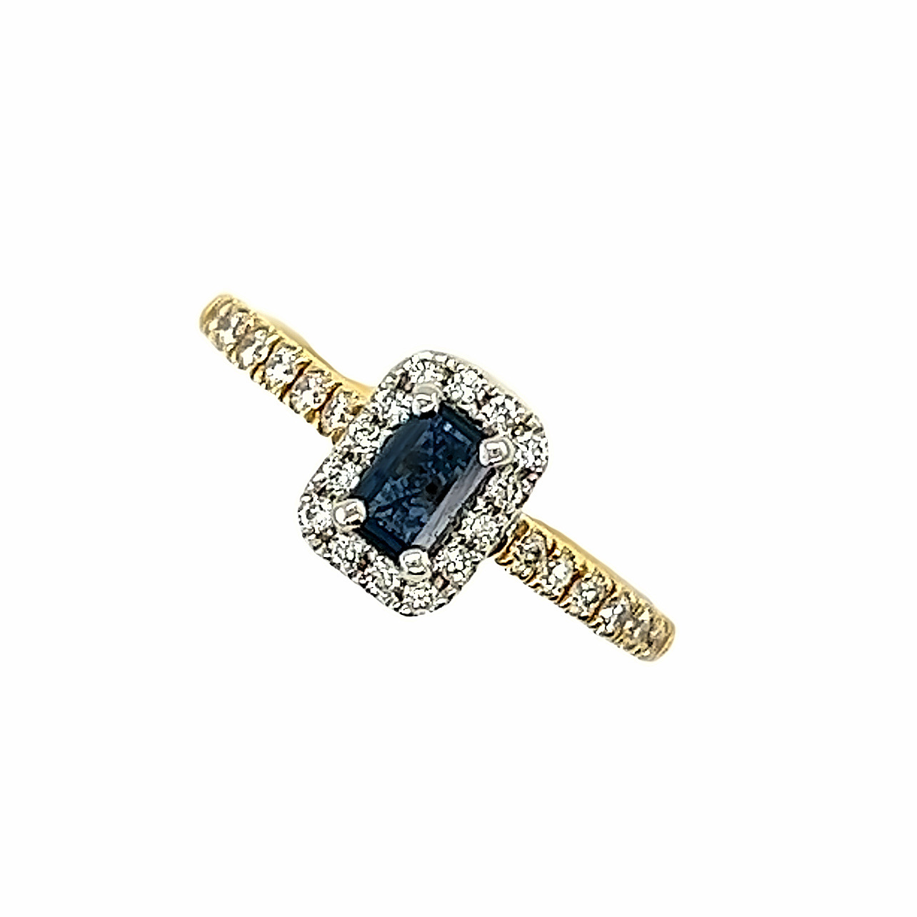 18ct Yellow Gold Diamond and Sapphire Halo Ring Aleks Jewellers