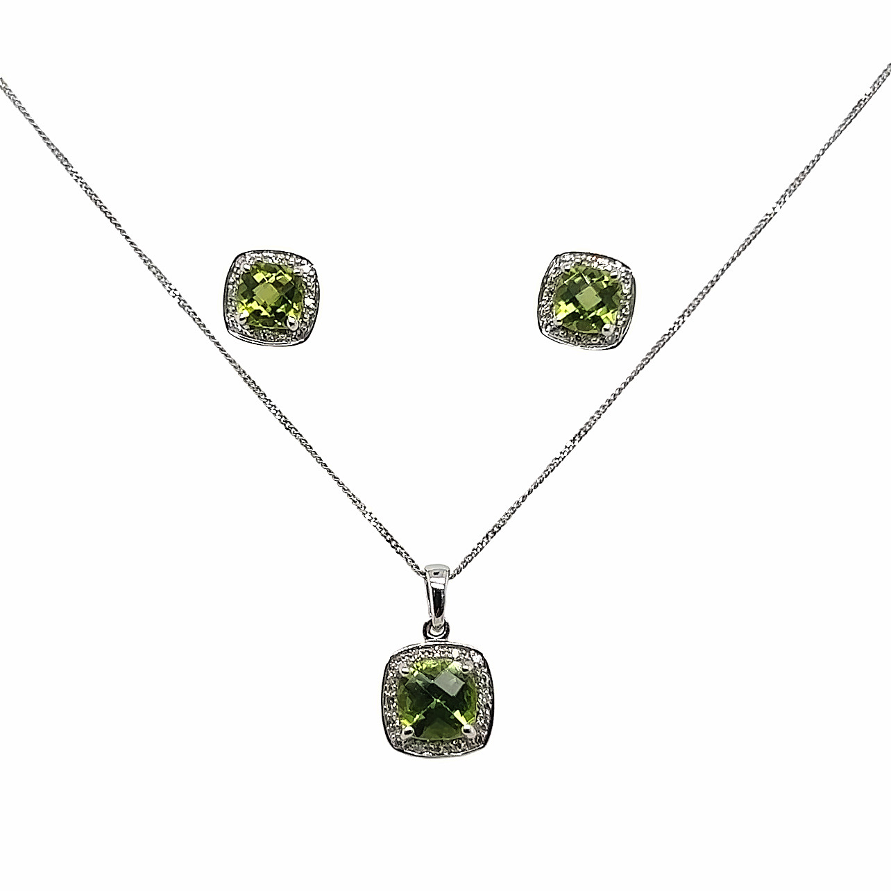 9ct yellow gold pendant necklace set with green stone with cross detail, a  matching ring, size O, a