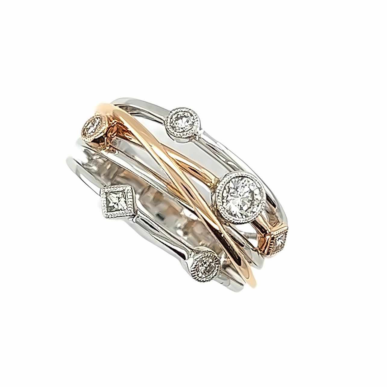 18ct Rose, Yellow & White Gold Diamond Crossover Bubble Ring Aleks