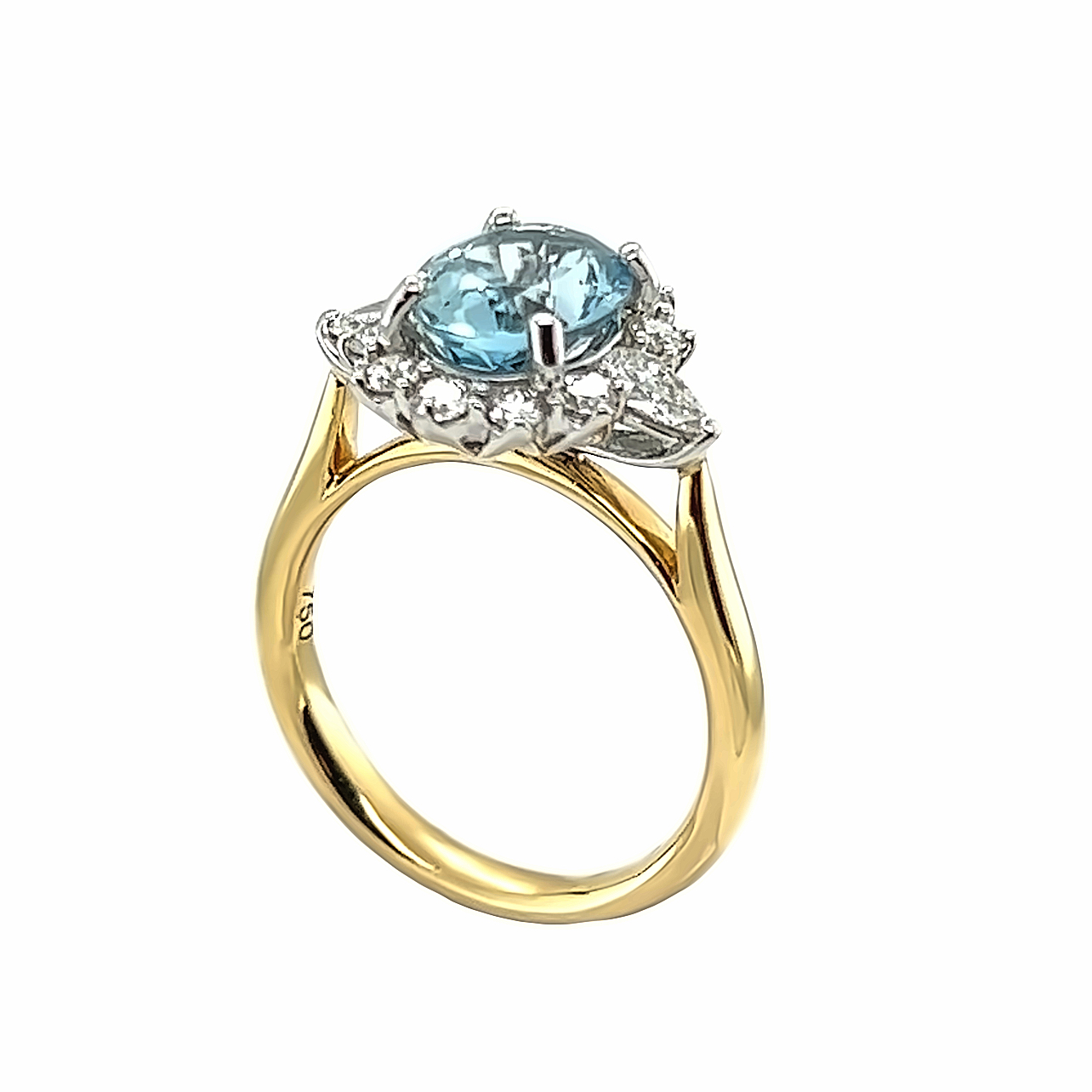 18ct Yellow Gold Aqua & Diamond Oval cluster ring Aleks Jewellers