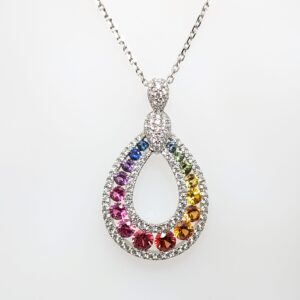 Multi-Coloured Sapphire and Diamond Teardrop Necklace 18ct White Gold