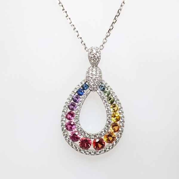 Multi-Coloured Sapphire and Diamond Teardrop Necklace 18ct White Gold