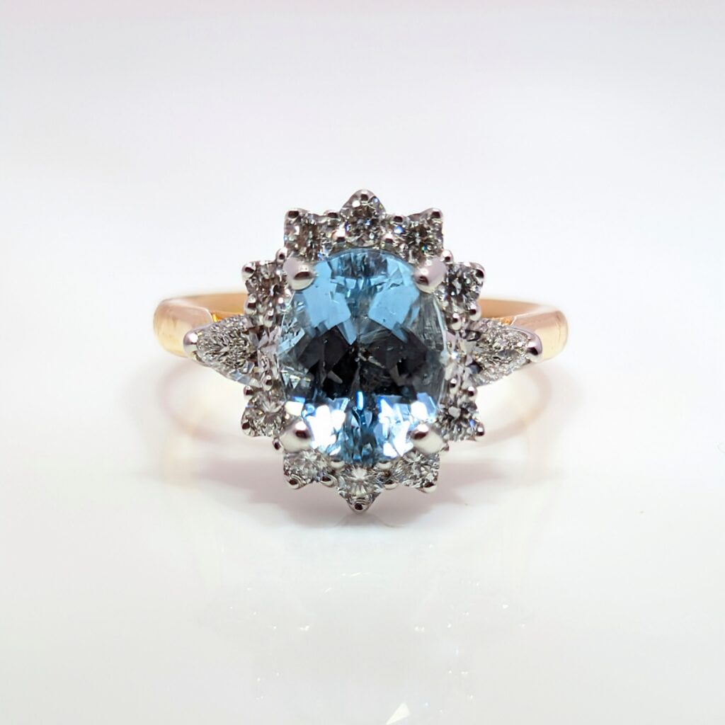 aquamarine & diamond oval halo ring in 18ct yellow gold
