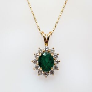 1.59ct Oval Emerald and Diamond Cluster Necklace