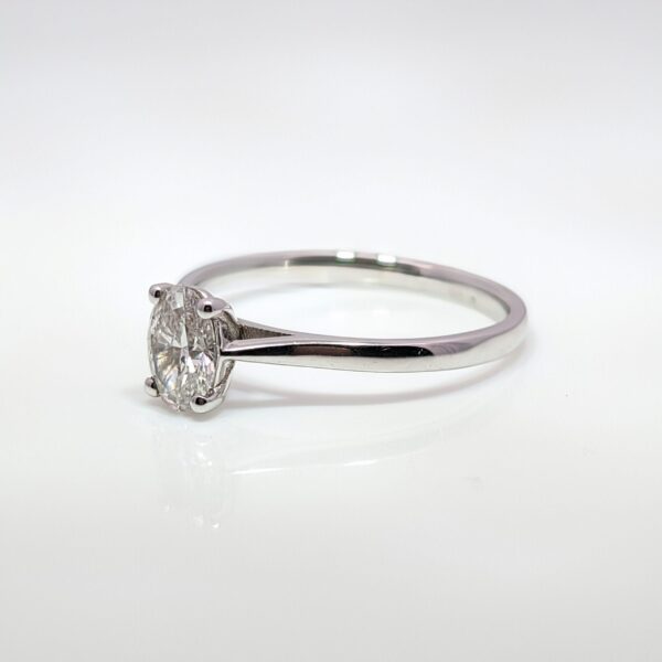 A beautiful Oval Lab Grown Diamond Ring size 0.51cts, F in Colour and VS2 Clarity set in a 9ct white gold band.