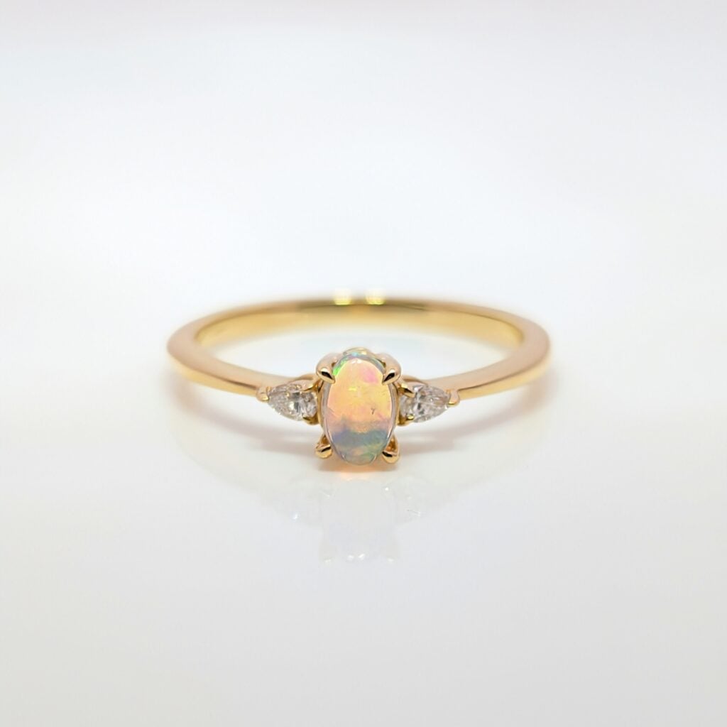 Oval Opal with Pear Diamond Shoulders Ring 18k Yellow Gold | 39190