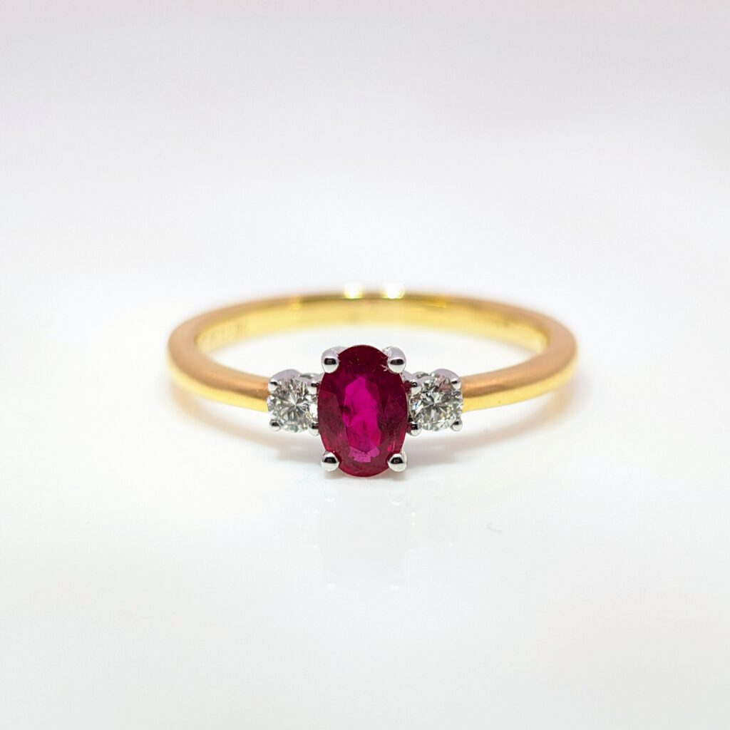 3-Stone Oval Ruby and Diamond Ring 18k Yellow Gold | 21895