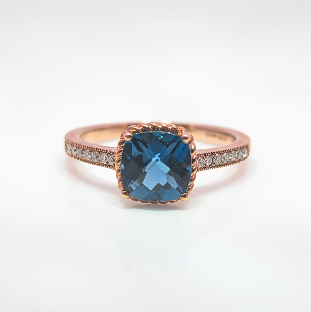 London Faceted Blue Topaz Ring with Diamond Shoulders 9ct Rose Gold | 29509