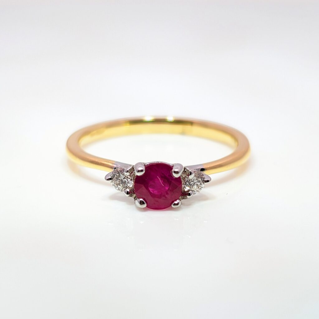 3-Stone 0.78ct Round Ruby and Diamond Ring in 18k Yellow Gold | 33803