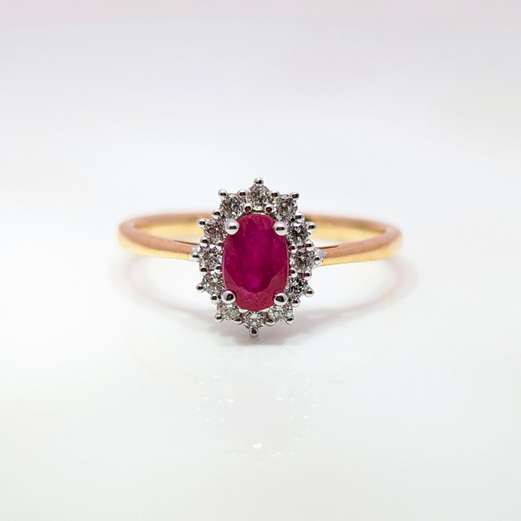 Oval Ruby and Diamond Cluster Ring 9k Yellow Gold | 40982