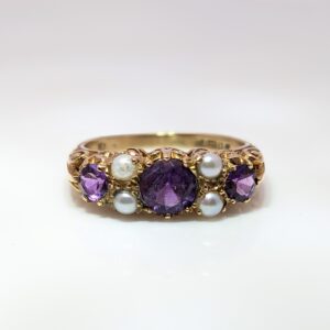 Pre-Loved Trilogy Amethyst and Pearl Ring 9ct Yellow Gold
