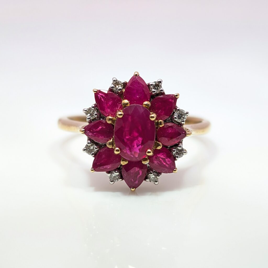 Ruby and Diamond Sunburst Cluster Ring 9k Yellow Gold | 32085
