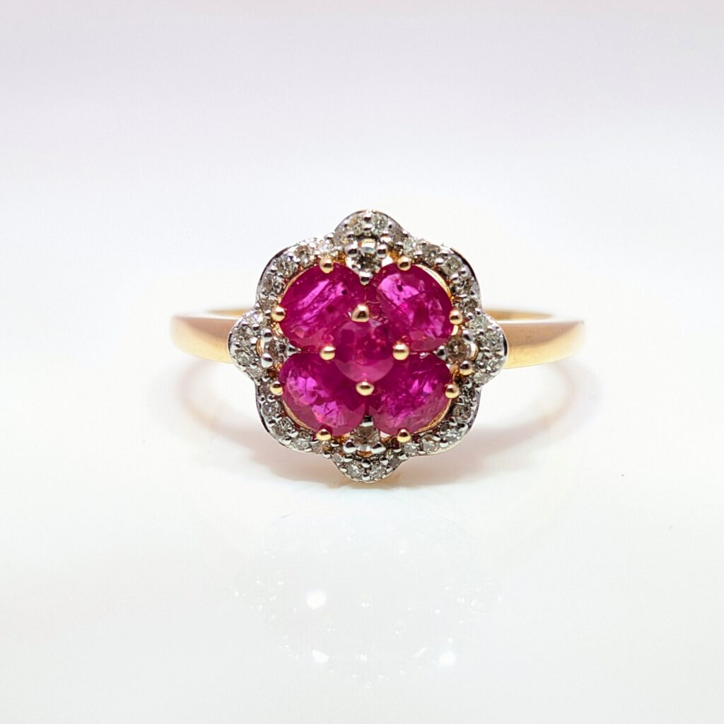 Floral Design Ruby and Diamond Halo Ring 14ct Yellow Gold | 1033626