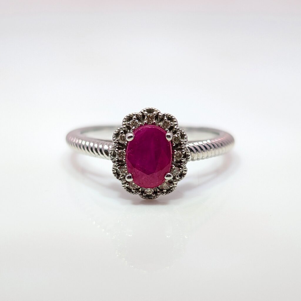 9k White Gold Ruby and Diamond Cluster Designed Ring | 27989
