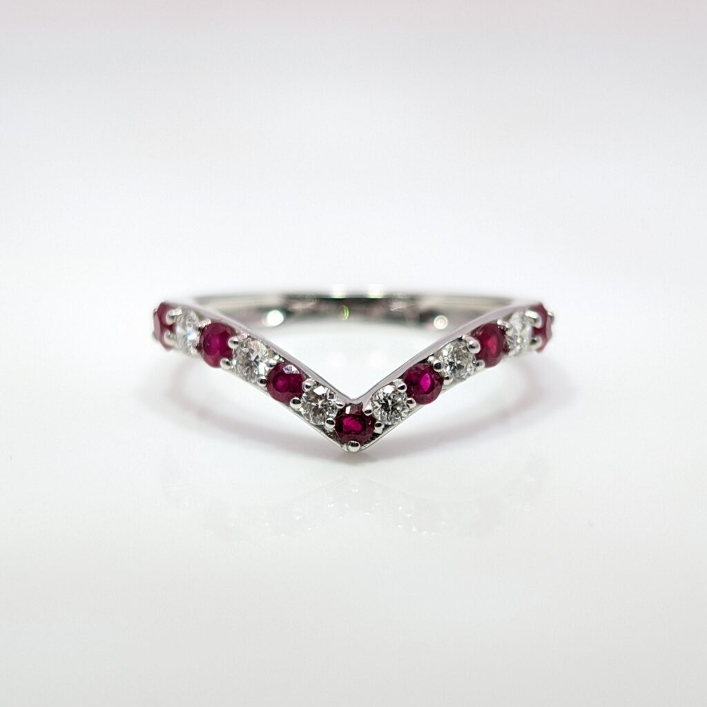 ruby & diamond wishbone wedding ring in 9ct white gold