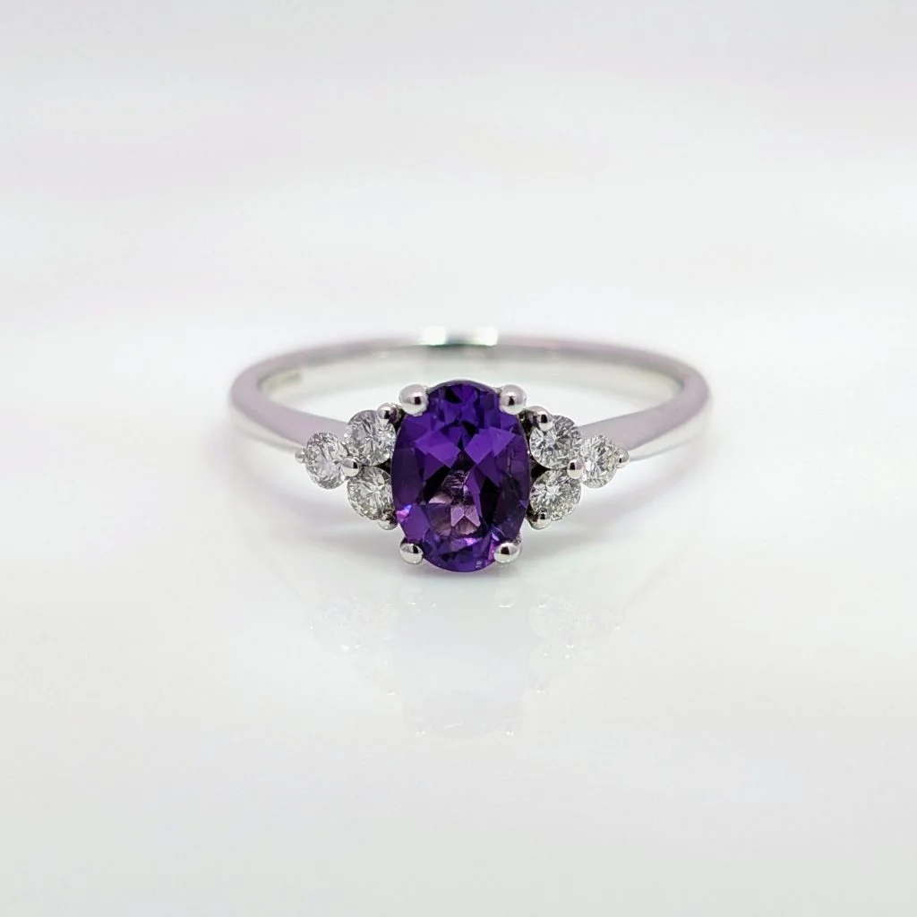 oval amethyst & diamond ring in 9ct white gold