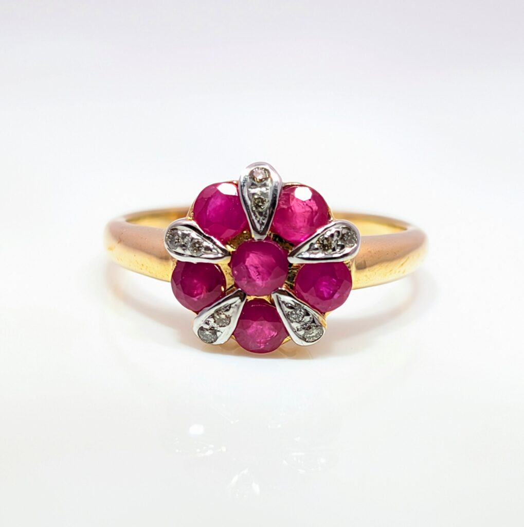 Romantic Floral Shaped Ruby and Diamond Ring 9k Yellow Gold  | 40699