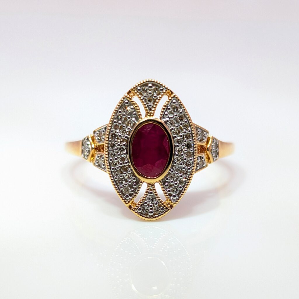 Ruby and Diamond Art Deco Style Ring 9ct Yellow Gold | 41412