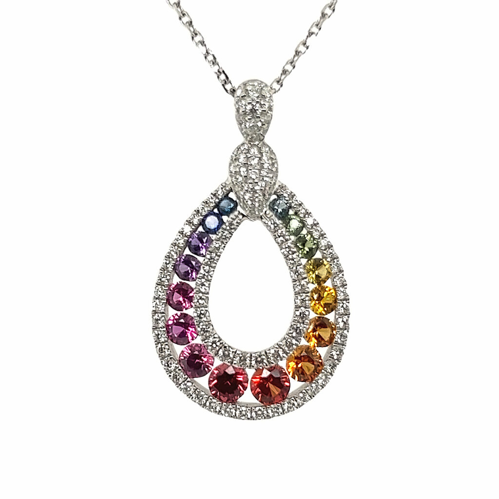 Rainbow diamond teardrop pendant necklace on white background