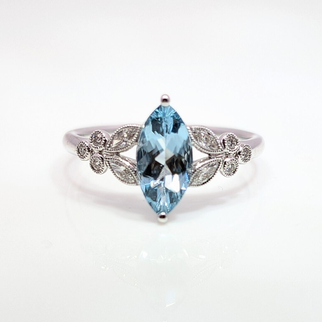 aquamarine & diamond marquise ring in 18ct white gold