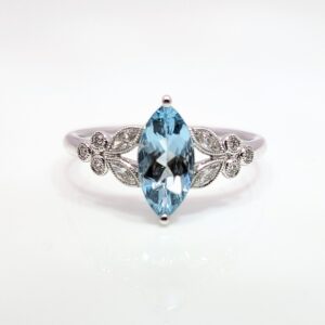 18ct White Gold Marquise Aquamarine and Diamond Ring