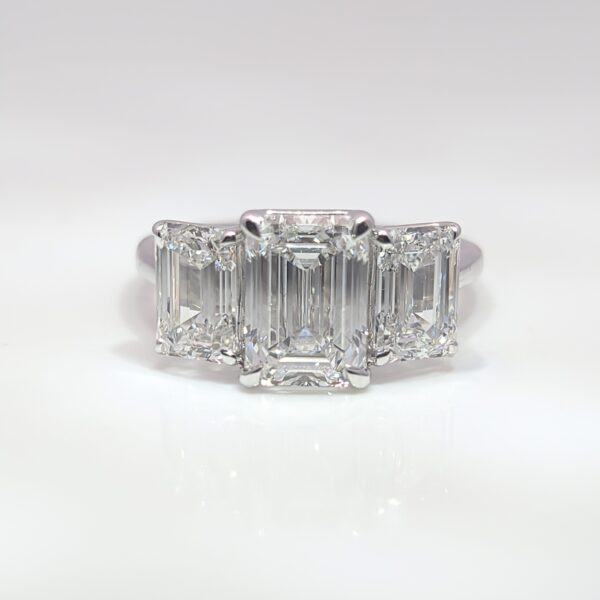 5ct Lab Grown 3 Stone Emerald Cut Diamond Engagement Ring 18K White Gold