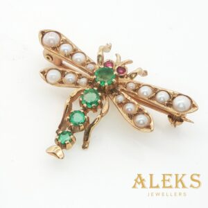 Pre-Loved Emerald, Pearl and Ruby Dragonfly Brooch 9k Yellow Gold | 39842
