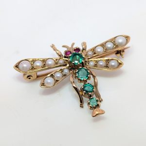 Pre-Loved Emerald, Pearl and Ruby Dragonfly Brooch 9k Yellow Gold | 39842