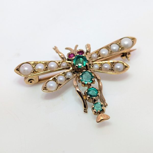 Pre-Loved Emerald, Pearl and Ruby Dragonfly Brooch 9k Yellow Gold | 39842