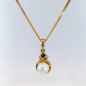 Fresh Water Pearl & Sapphire Pendant 9k Yellow Gold | 9556