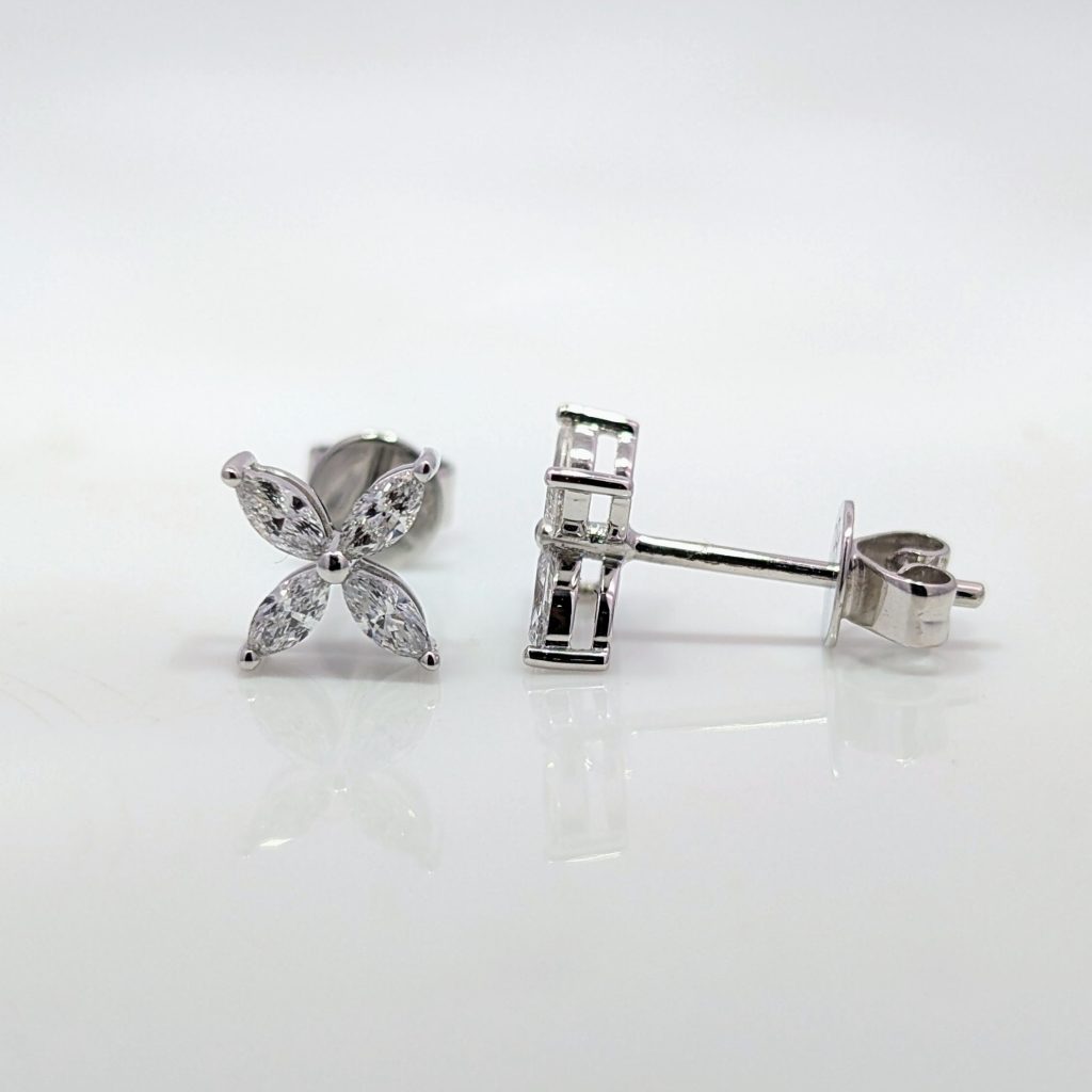 diamond marquise flower stud earrings in 18ct white gold