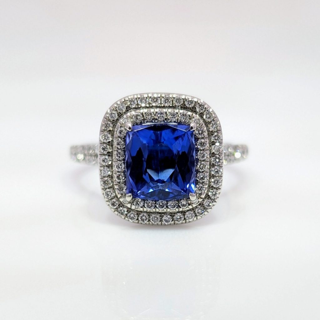 tanzanite & diamond double halo ring in platinum
