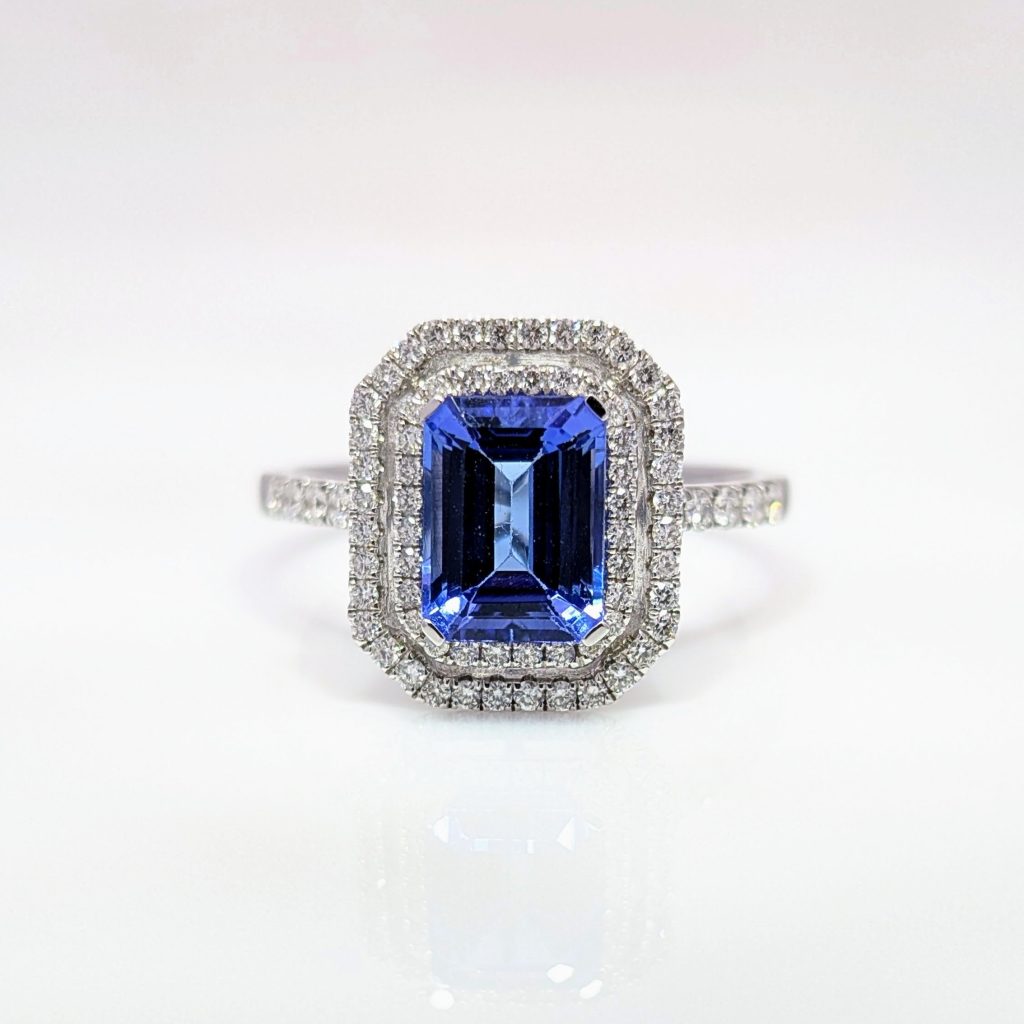 tanzanite & diamond double halo ring in 18ct white gold