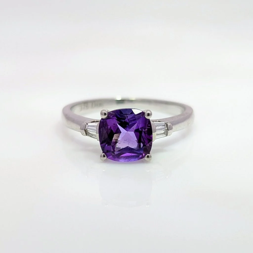 amethyst cushion ring with diamond shoulders in 9ct white gold