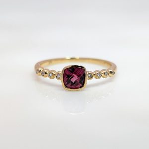 Cushion Shaped Rhodalite & Diamond Bezel Set Ring 9k Yellow Gold | 43247