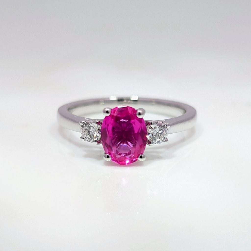 lab grown pink sapphire & diamond engagement ring in 9k white gold
