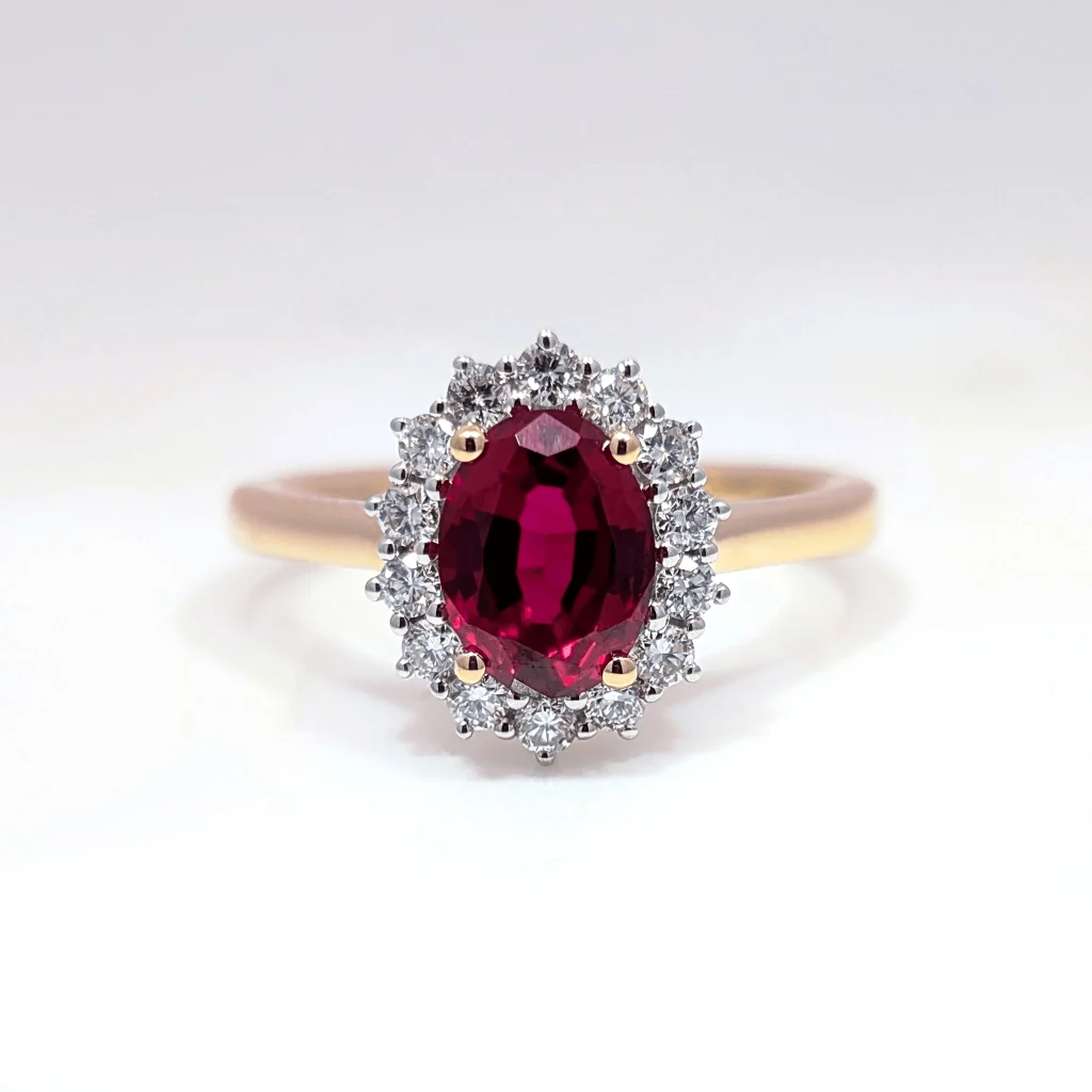 lab grown ruby & diamond cluster ring in 9k yellow gold