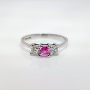 Trilogy Princess Cut Pink Sapphire & Diamond Ring 18k White Gold | 9837