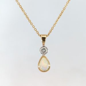 Pear Shaped Opal and Diamond Bezel Set Pendant 18k Yellow Gold | 37963