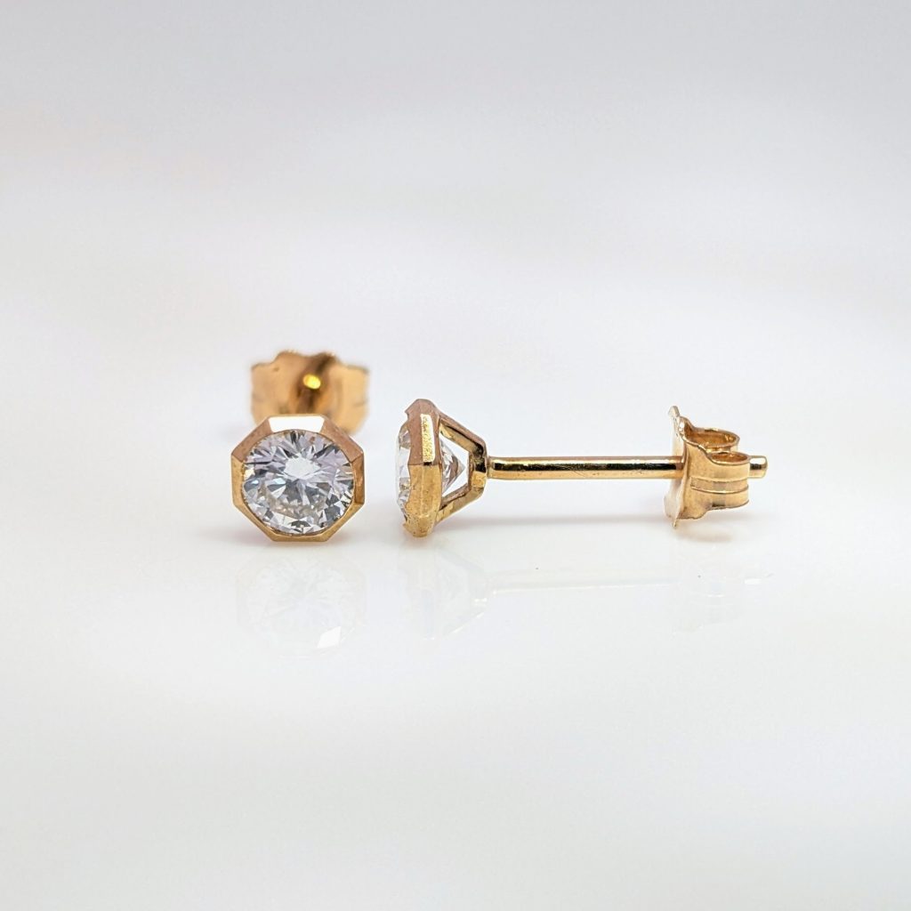 lab grown round bezel set stud earrings in 9k yellow gold