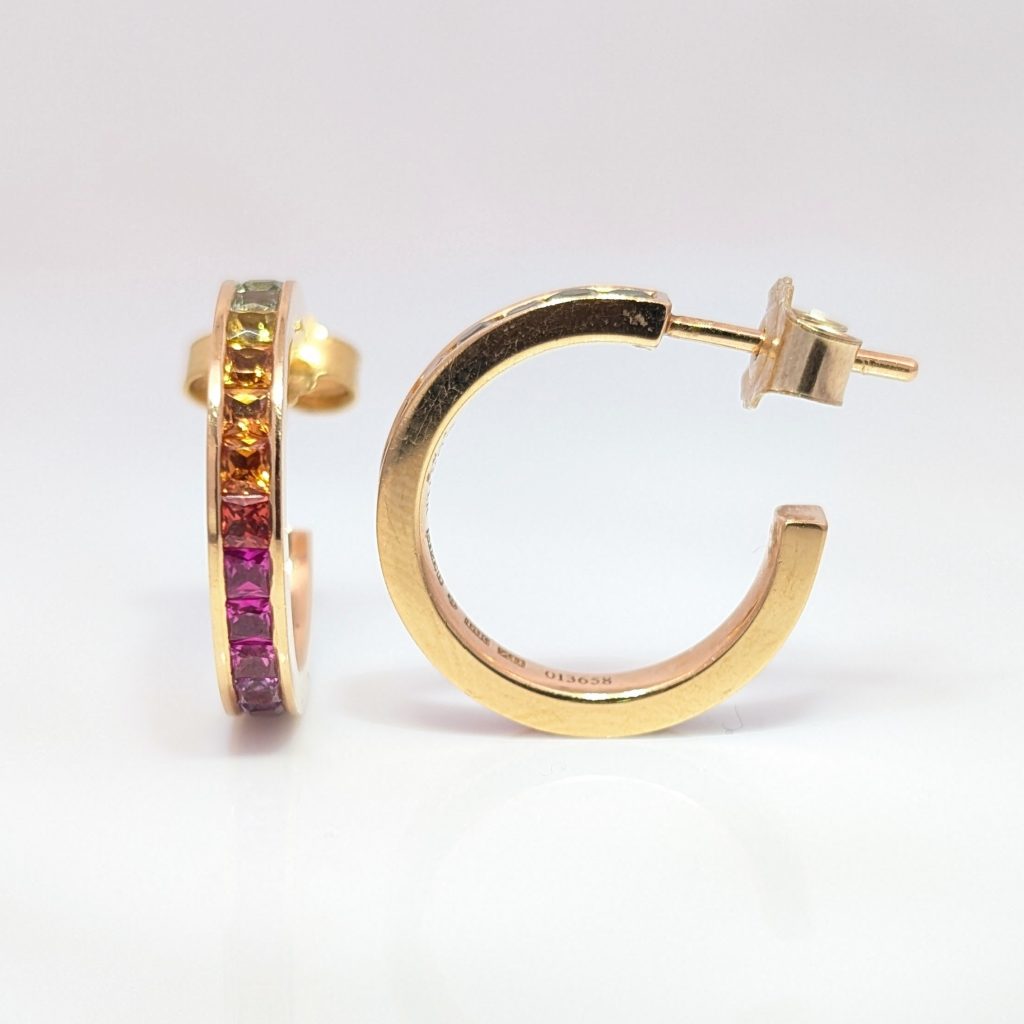 Pre-loved vintage multi-coloured sapphire hoop earrings in 18k yellow gold