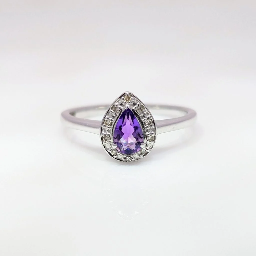 amethyst & diamond pear halo ring in 9ct white gold