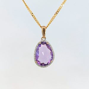 Pear Shaped Amethyst & Diamond Necklace 9k Yellow Gold | 38748