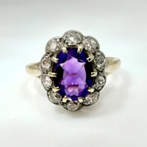 pre-loved amethyst & diamond cluster ring in 18k yellow gold