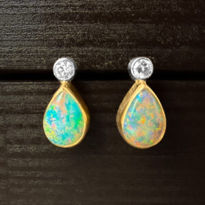 Pre-Loved Opal and Diamond Drop Bezel Set Earrings 18k Yellow Gold | 38854
